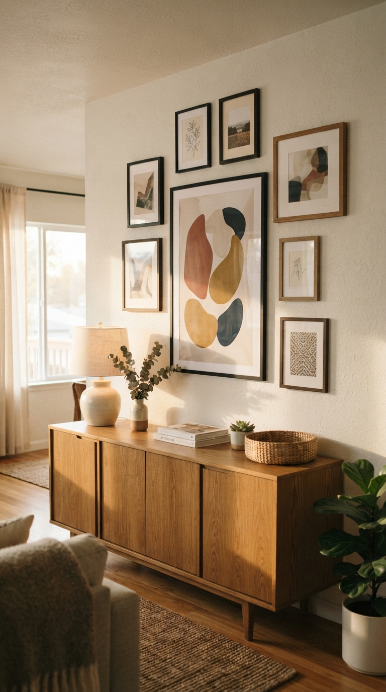 Gallery wall with one large anchor print surrounded by smaller framed art