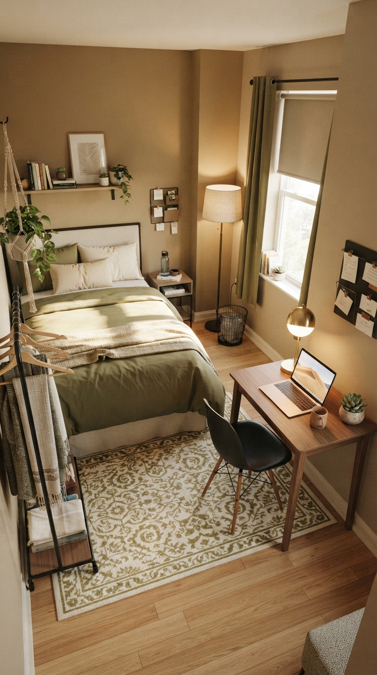 Desk angled into a dorm room corner to maximize floor space