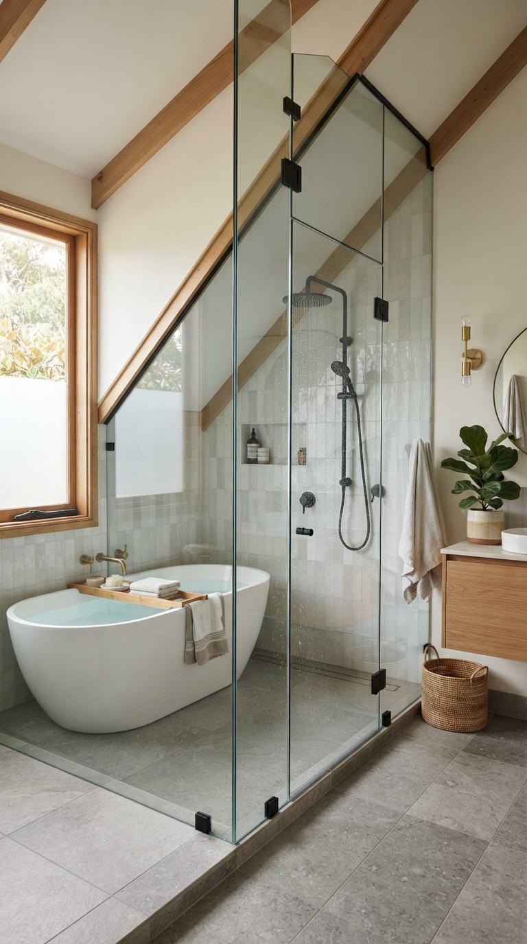 Angled glass panel shower combo for an irregular bathroom