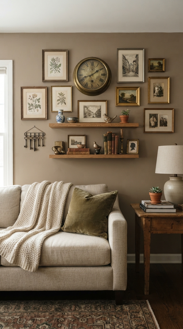 Antique clock and curio gallery wall mixed with framed prints on a taupe living room wall