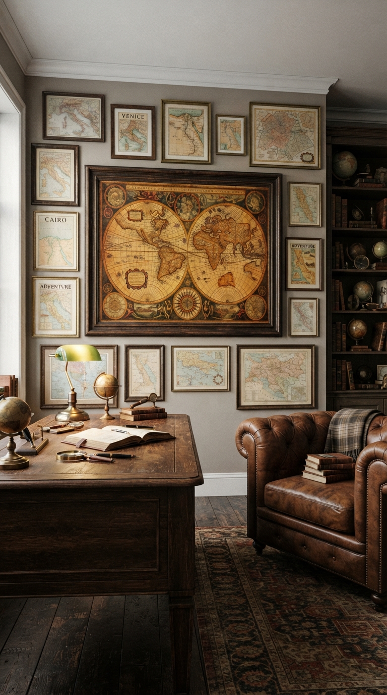 Antique world map gallery wall with mixed wood and brass frames in a home study