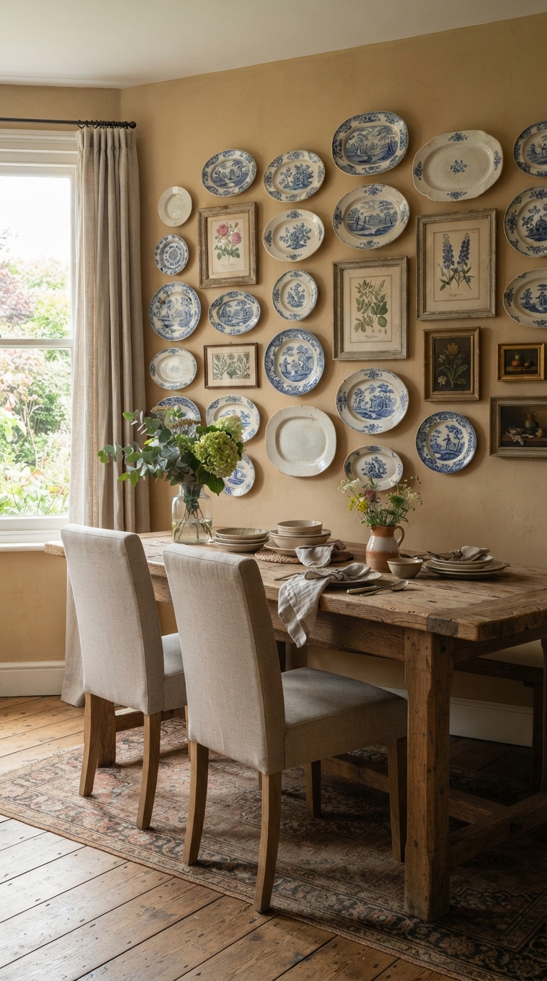 Antique plate and framed print gallery wall on a honey-toned dining room wall