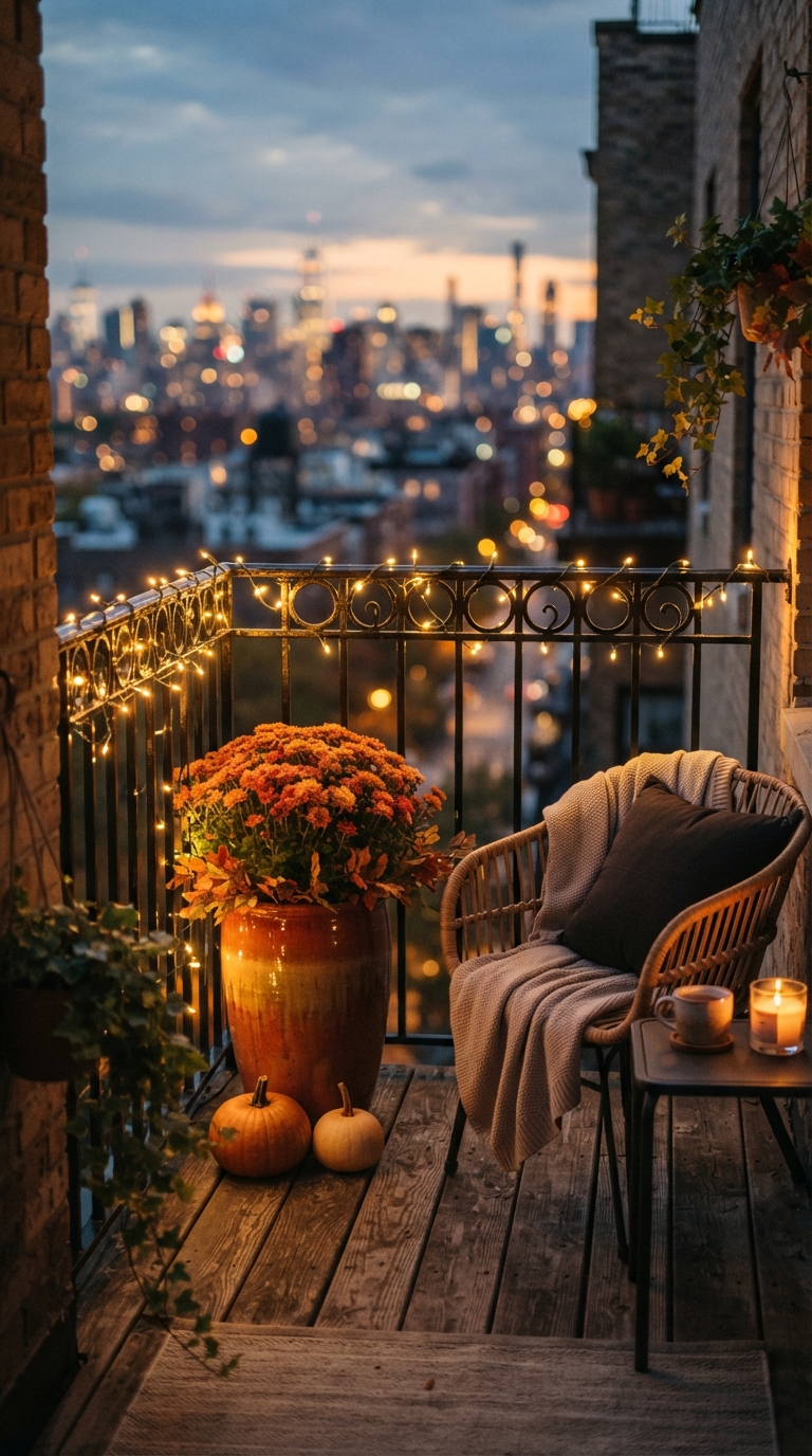 Apartment balcony corner styled with mums, mini pumpkins, and warm string lights for fall
