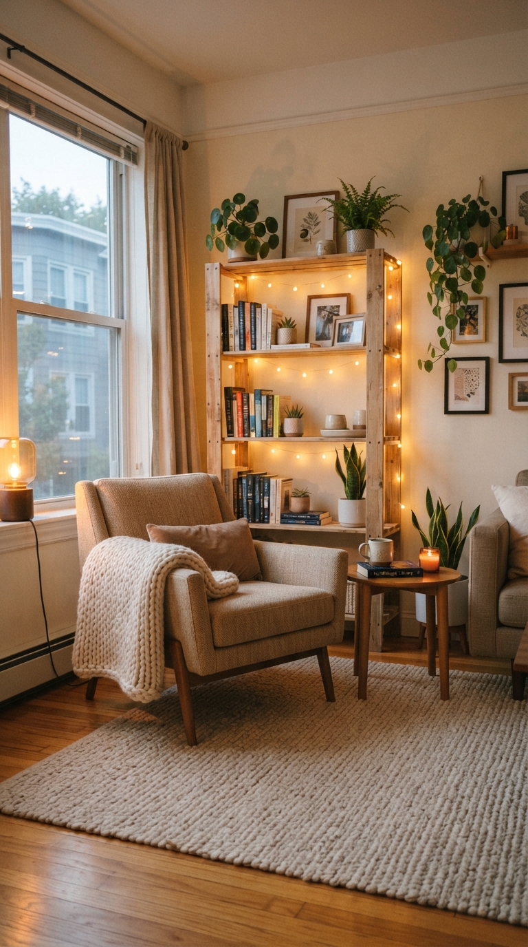 Rental-friendly cozy corner styled for fall in a small bedroom