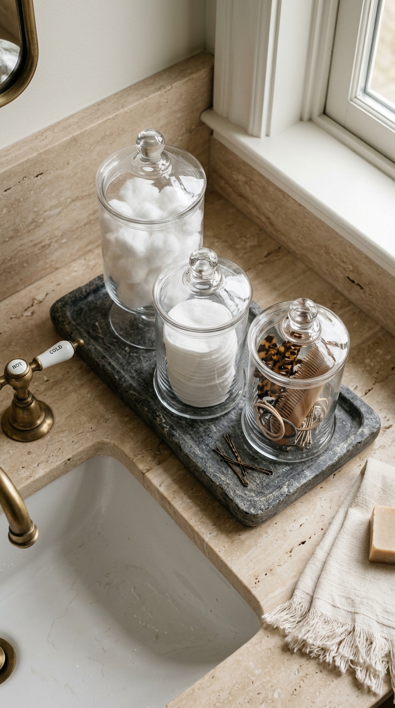Apothecary jars styled on a bathroom counter
