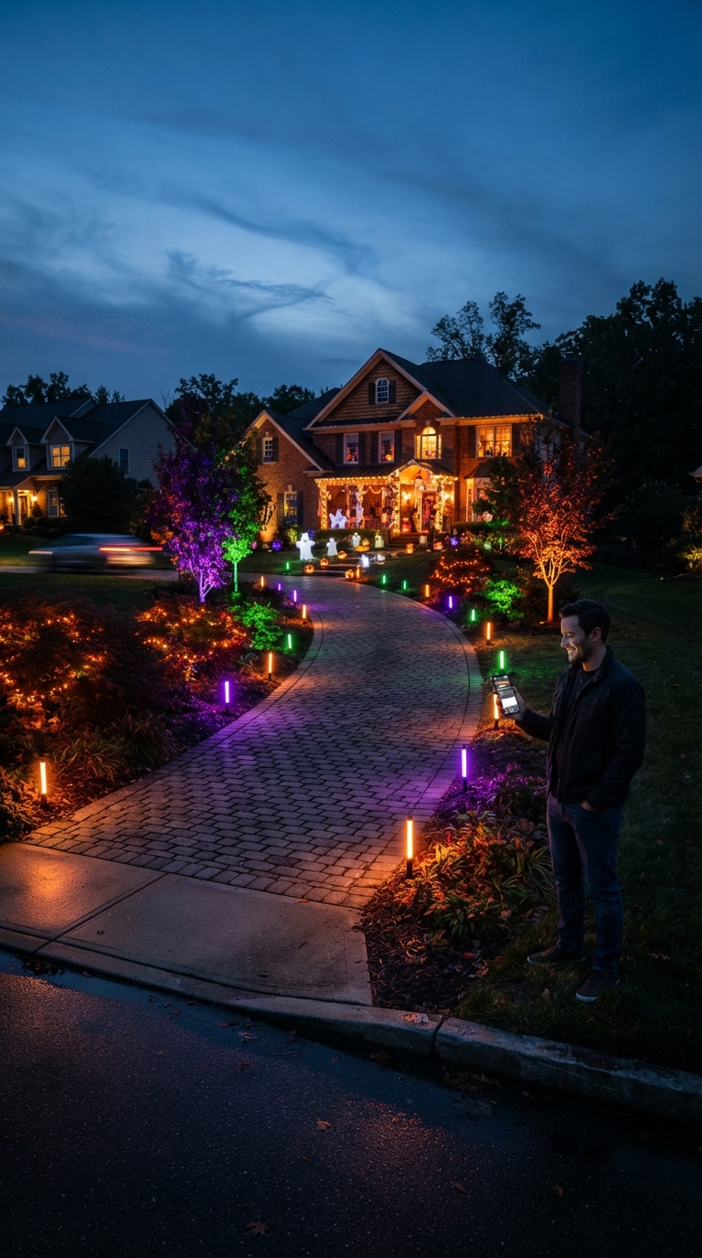 App-controlled smart lighting schedule for a Halloween driveway display.