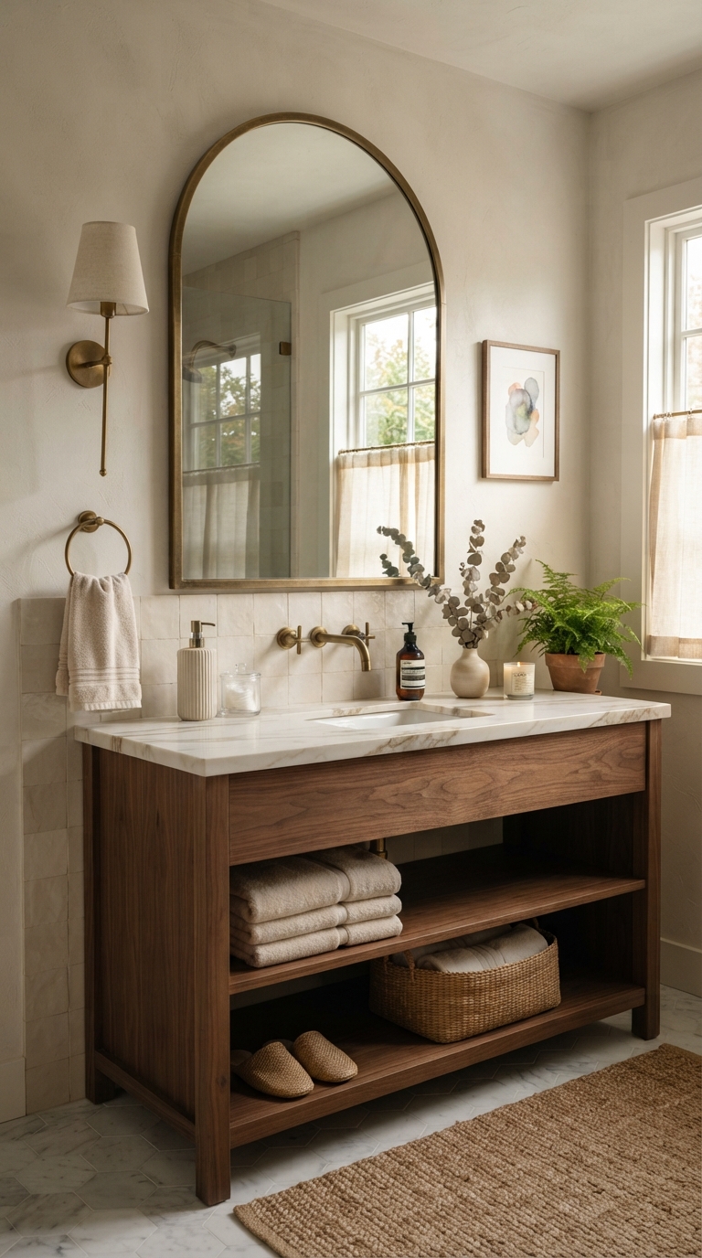 Arched bathroom mirror in a brass frame above a single vanity sink.