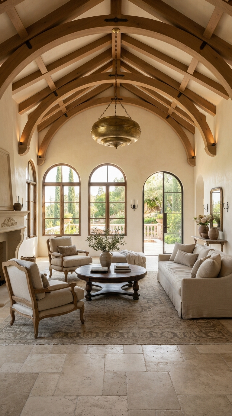 Collage of arched wood beams on a European-style vaulted ceiling