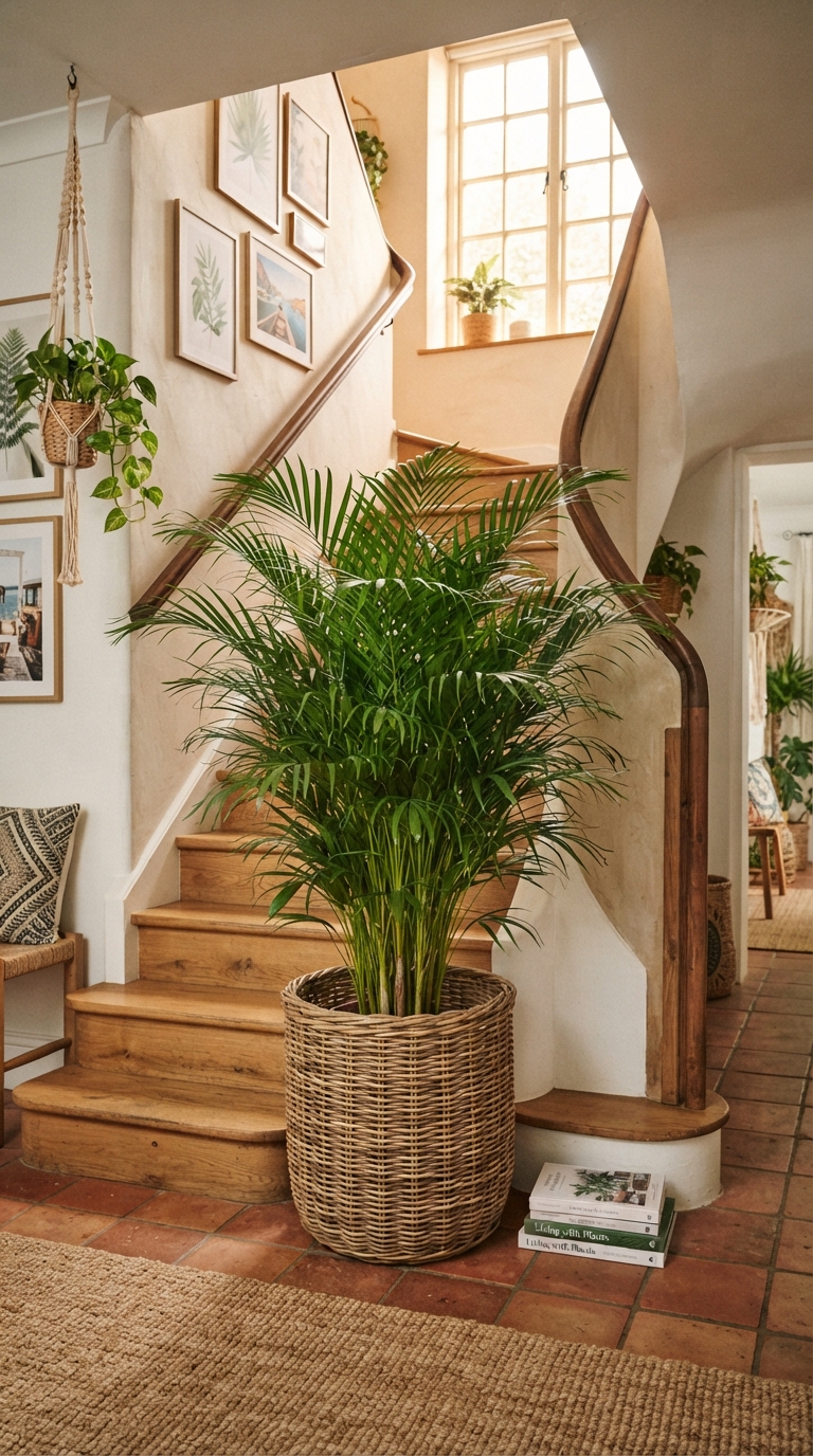 Areca palm styled in a rattan planter at the base of a staircase
