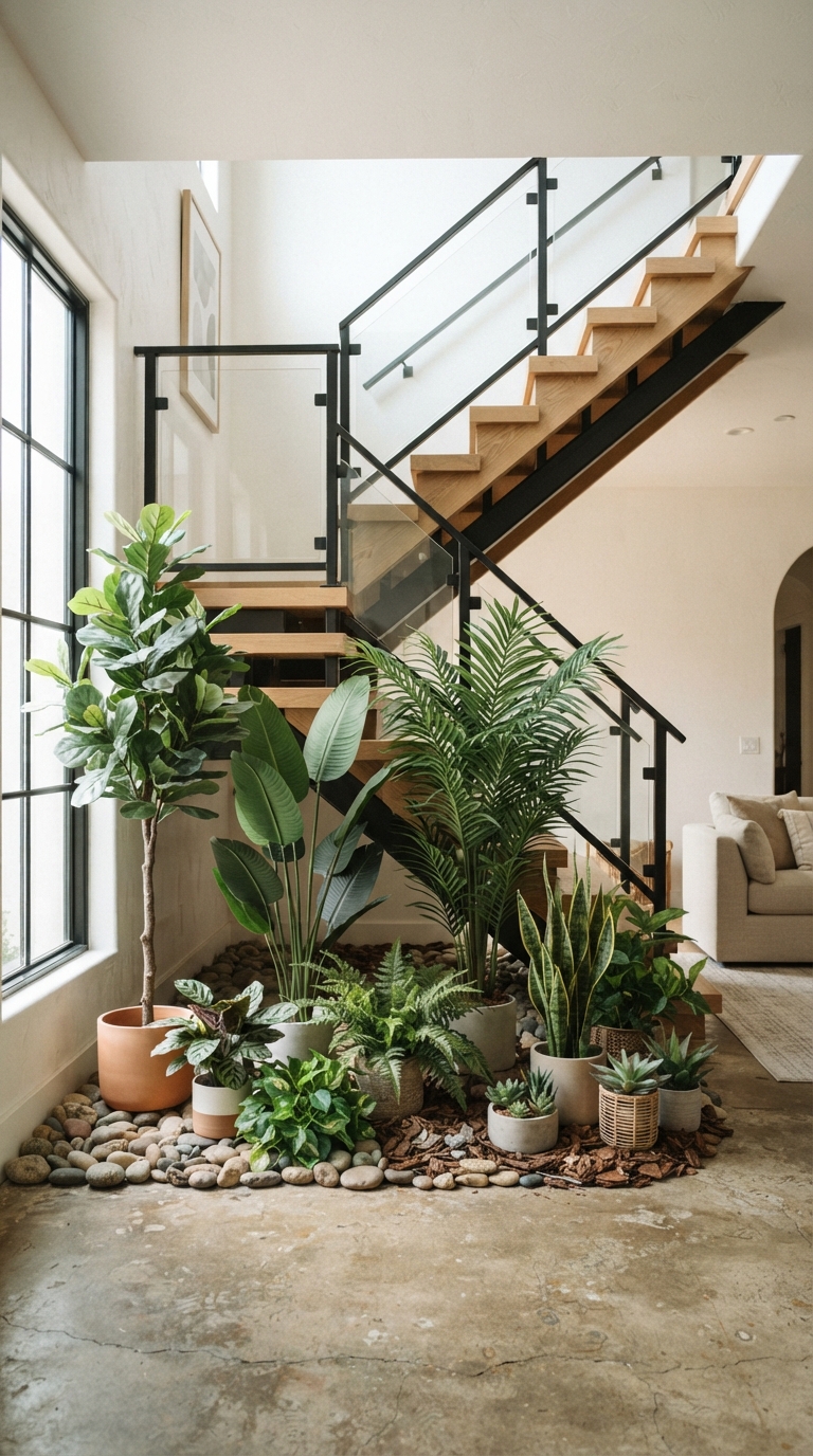 Artificial plant garden styled under a staircase for a low-maintenance look