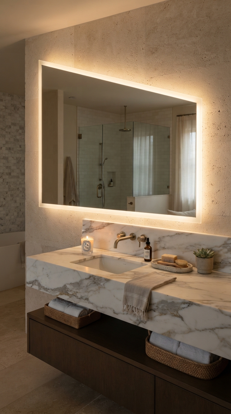 Backlit LED bathroom mirror creating a soft spa-like glow