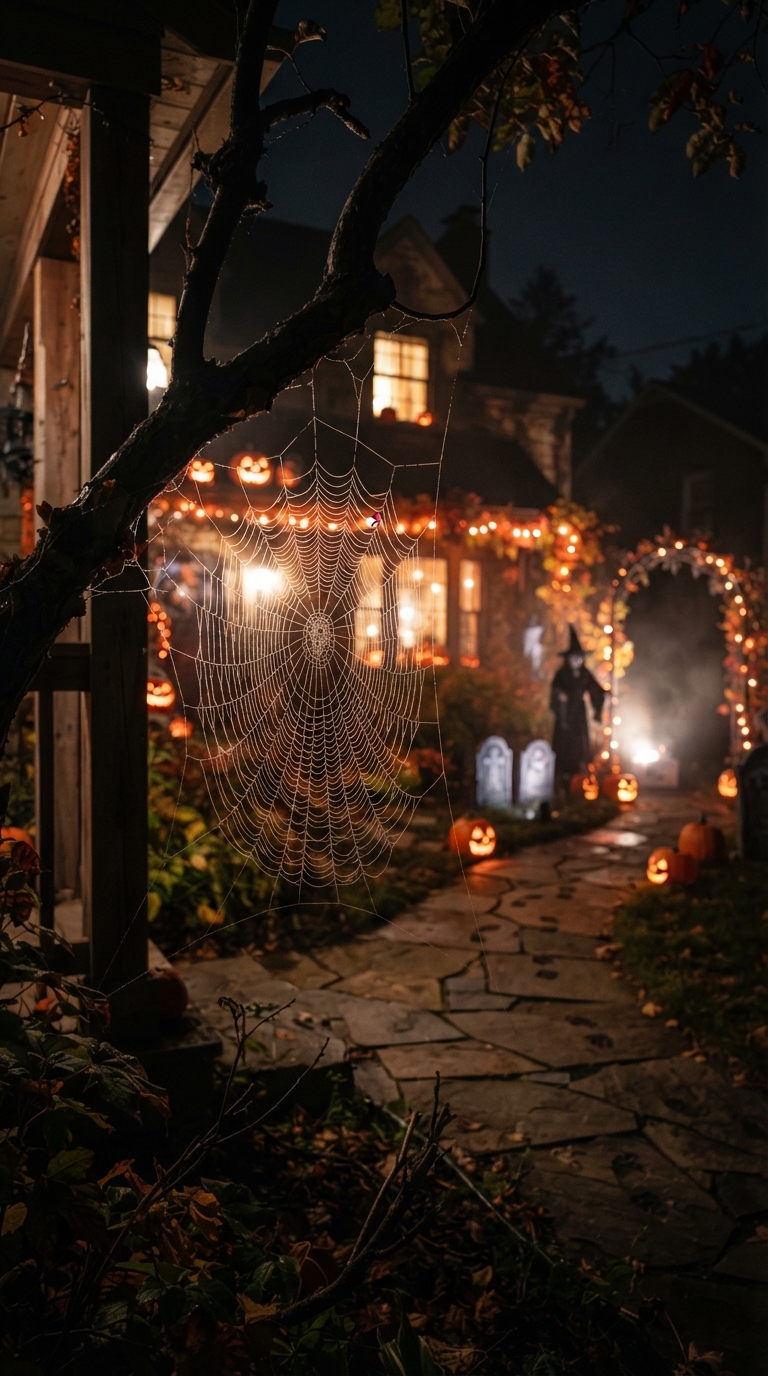 Backlit spiderweb glowing near a Halloween driveway.
