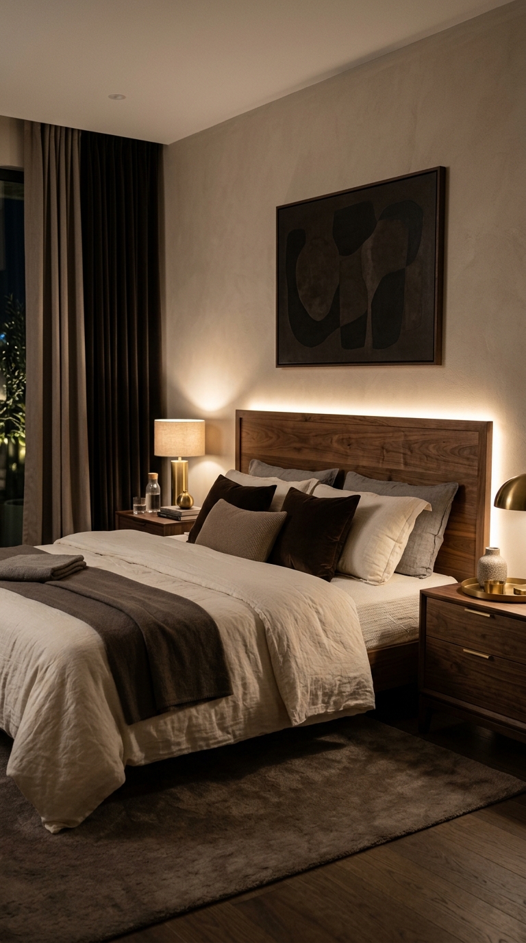 Wooden headboard with warm backlighting in a cozy modern bedroom