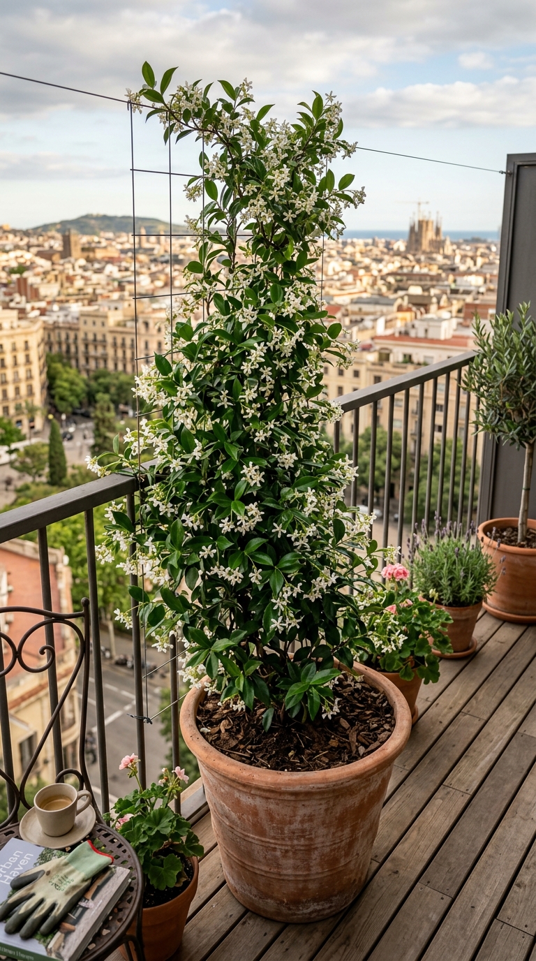 Star jasmine climbing a wire trellis on a balcony railing