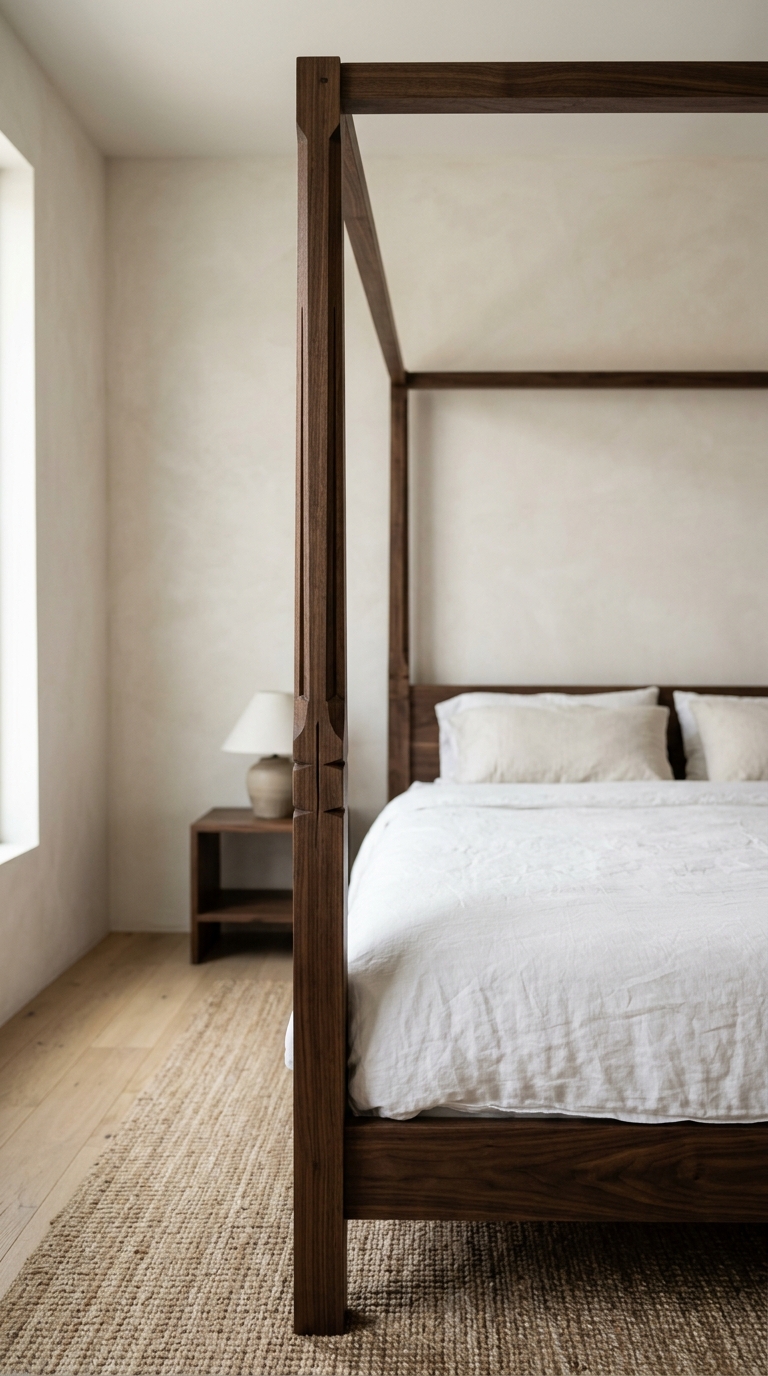 Bare canopy bed frame used as an architectural bedroom statement