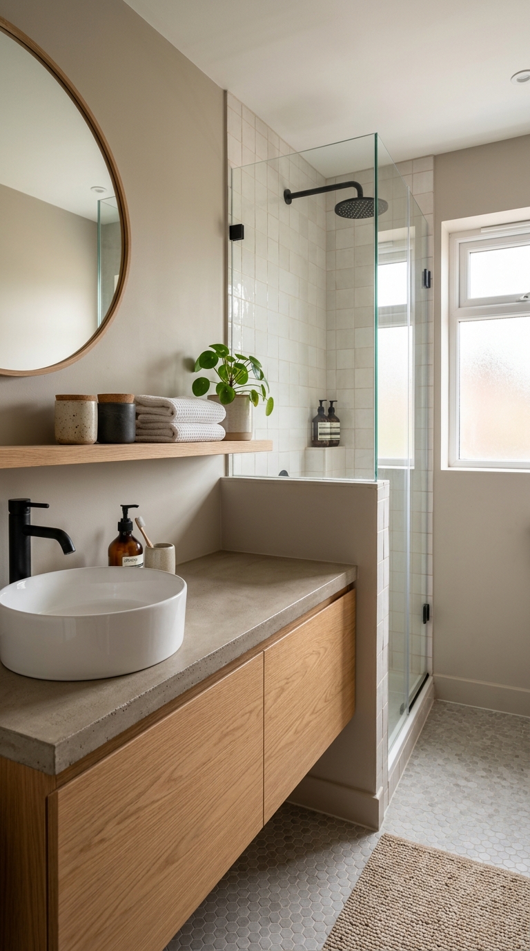 Floating shelf above a styled bathroom counter