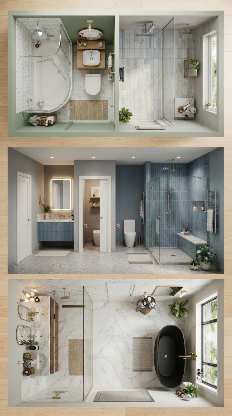 Small, medium, and large bathroom layouts with tub shower combinations