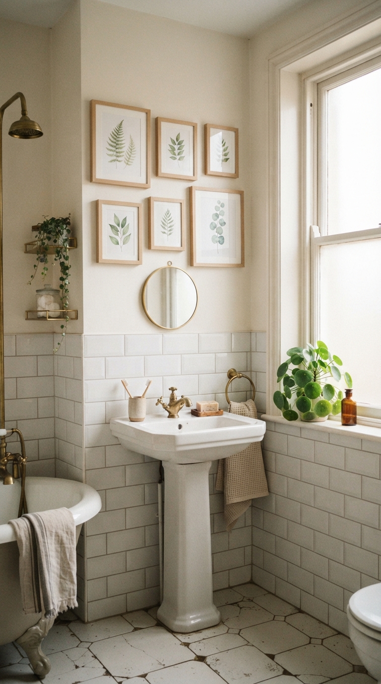 Small corner gallery wall in a bathroom nook with botanical prints