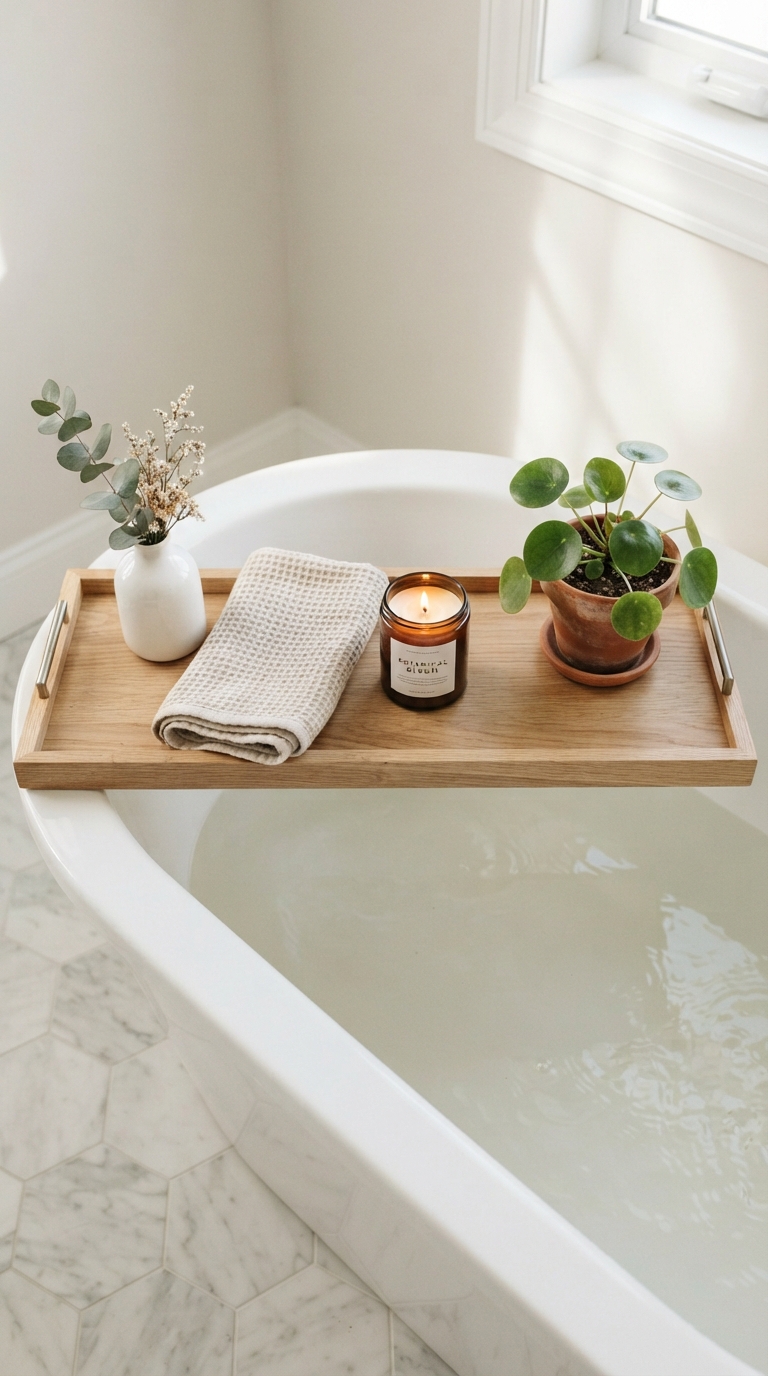 Warm minimal serenity bathtub decor with brushed brass fixtures