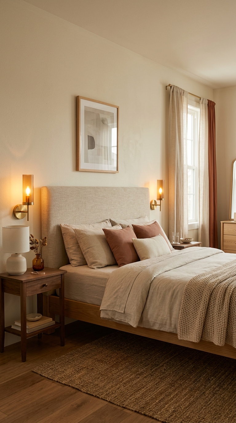 Battery-powered wall lights beside a bed for a no-wiring bedroom