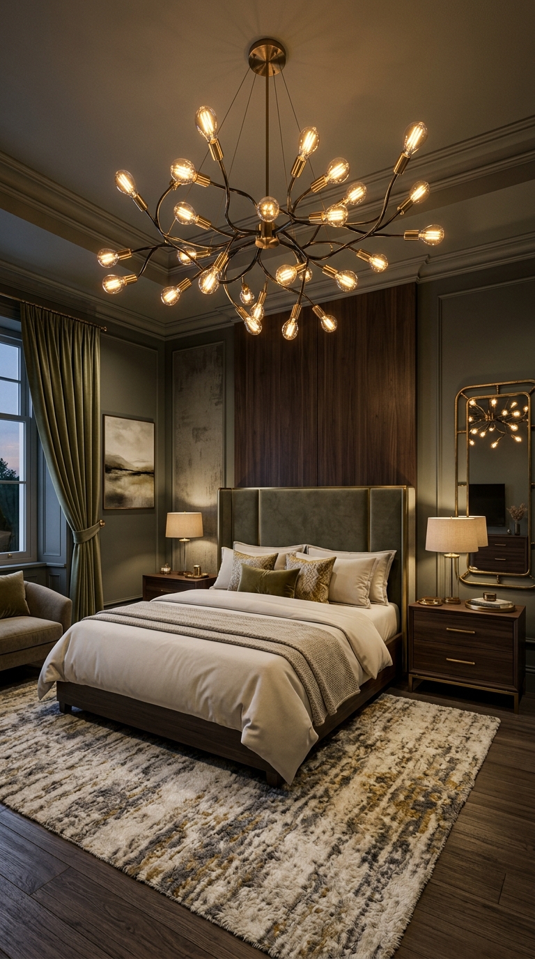 Statement chandelier centered above a luxurious bedroom bed