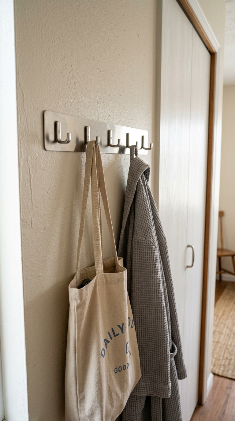 Adhesive hook rail for renter bedroom storage