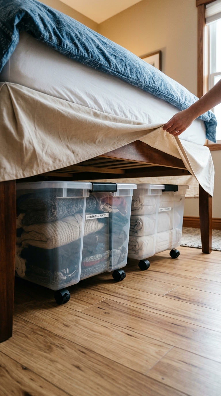 Under-bed rolling storage bins in small bedroom