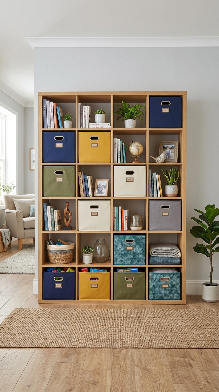 Modular cube shelving used as bedroom closet substitute
