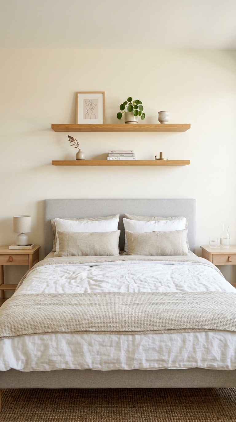 Floating shelves styled above a bed in a small bedroom