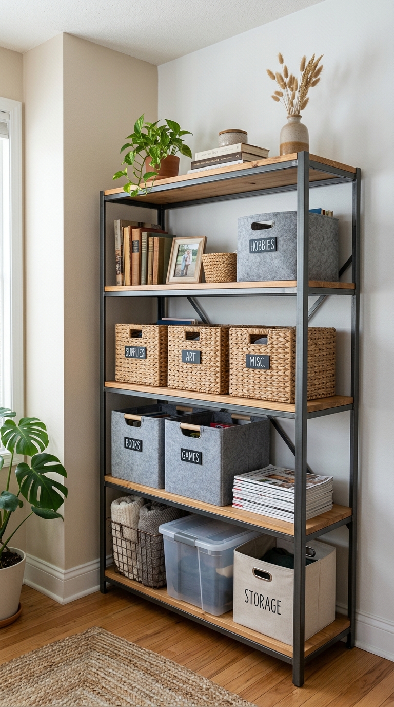 Freestanding shelving unit used for bedroom storage