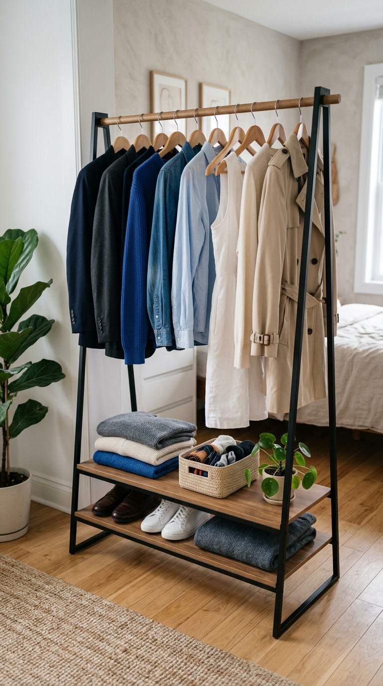 Styled freestanding garment rack for bedroom with no closet