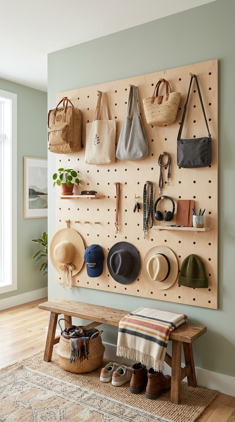Pegboard wall storage system in a bedroom