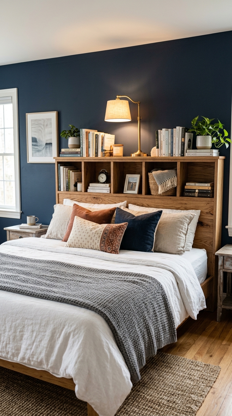 Storage headboard with built-in cubby shelving