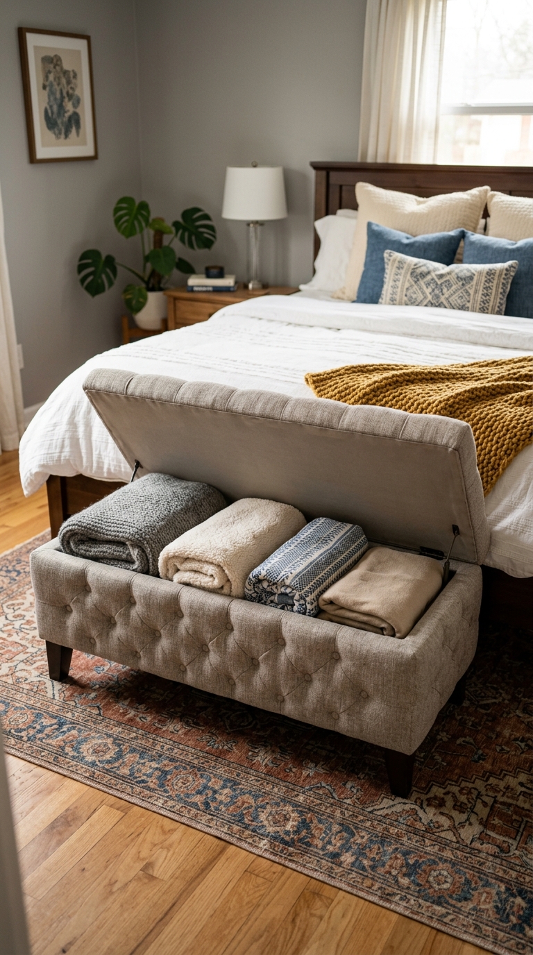 Storage ottoman bench at foot of bed