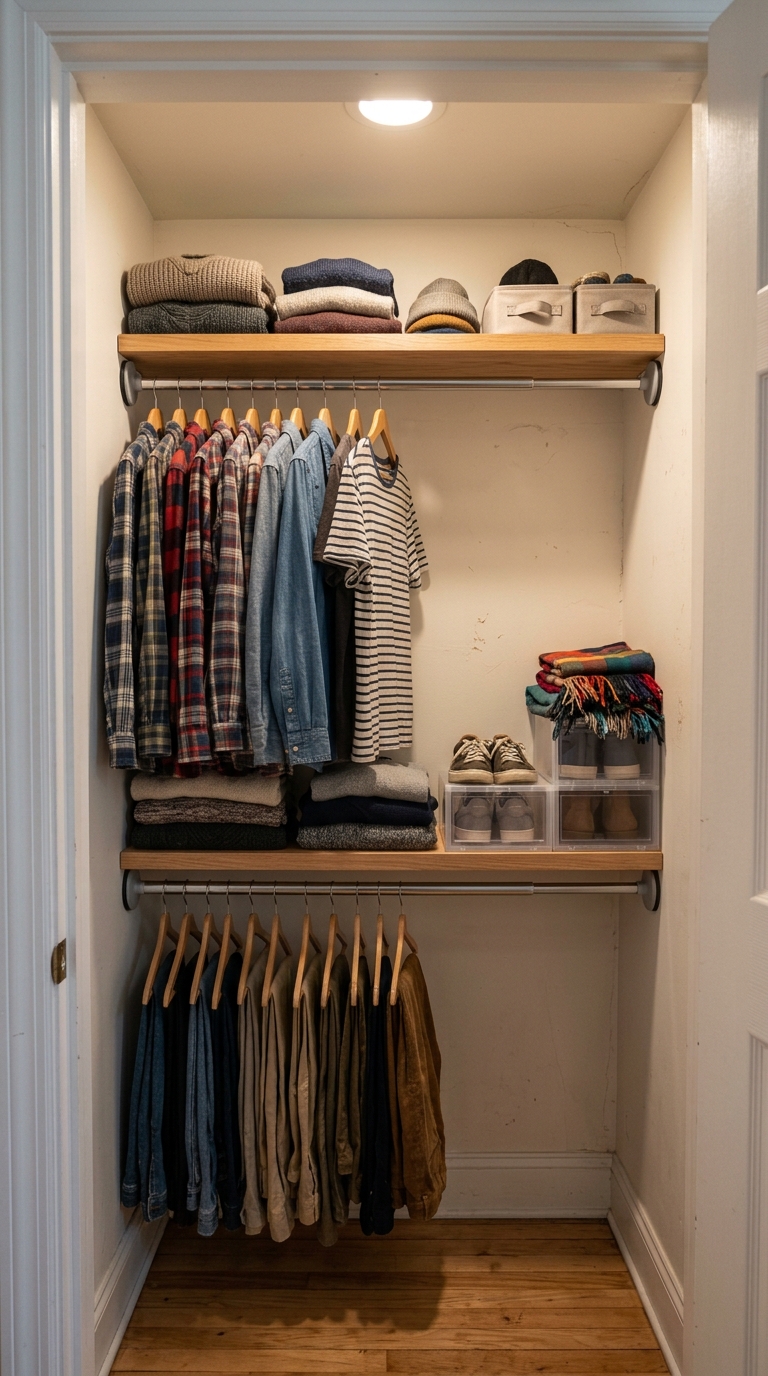 Tension rod closet shelf renter-friendly storage idea