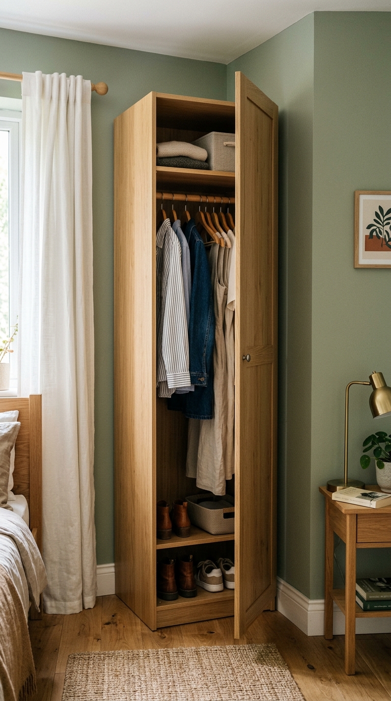 Tall narrow wardrobe used as bedroom storage for no-closet room