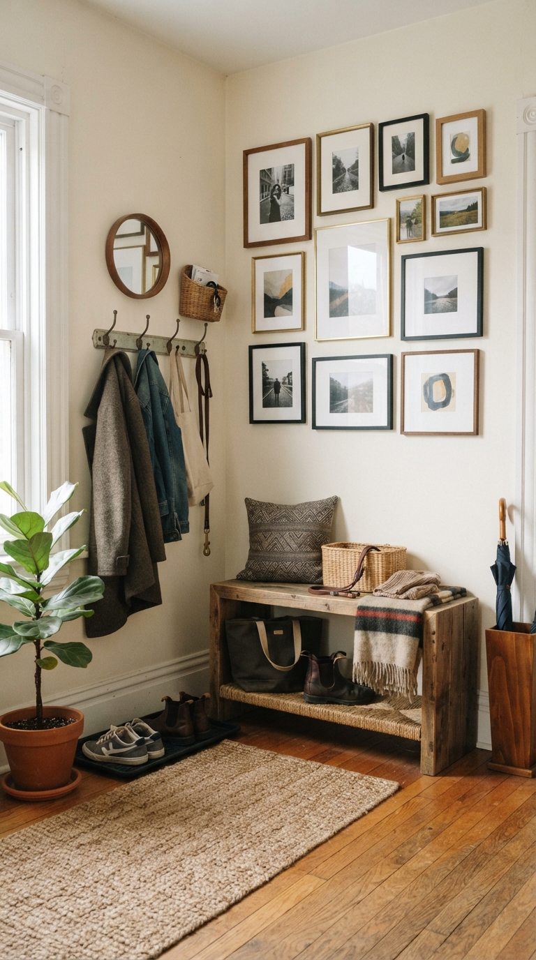 Corner gallery wall with a small bench seat below