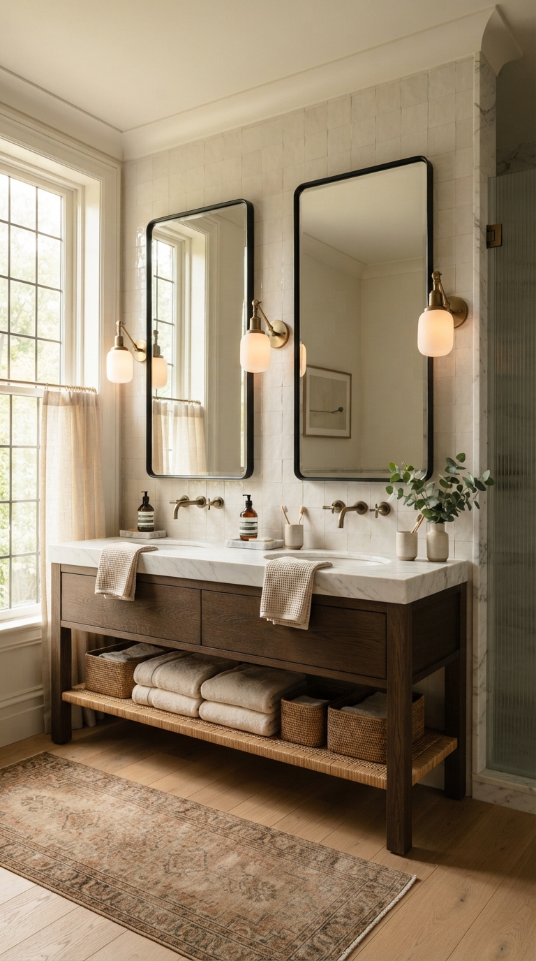 Black framed rectangular mirror duo above a double bathroom vanity.