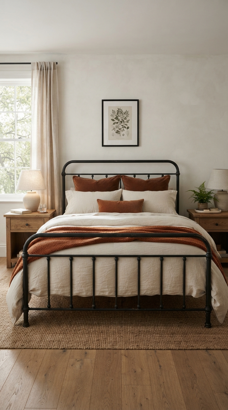 Black iron bed frame styled with soft warm textiles in a moody fall bedroom