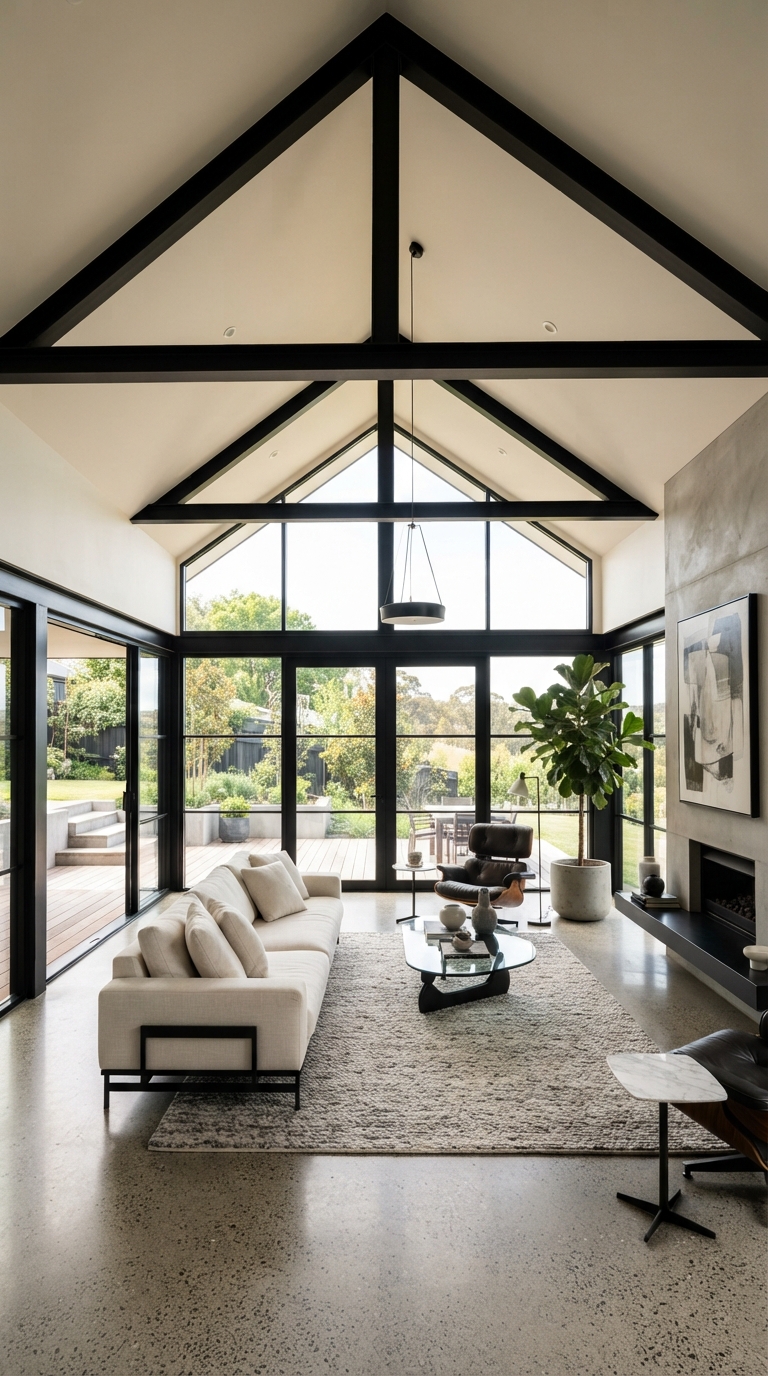 Collage of matte black painted beams on a modern vaulted ceiling
