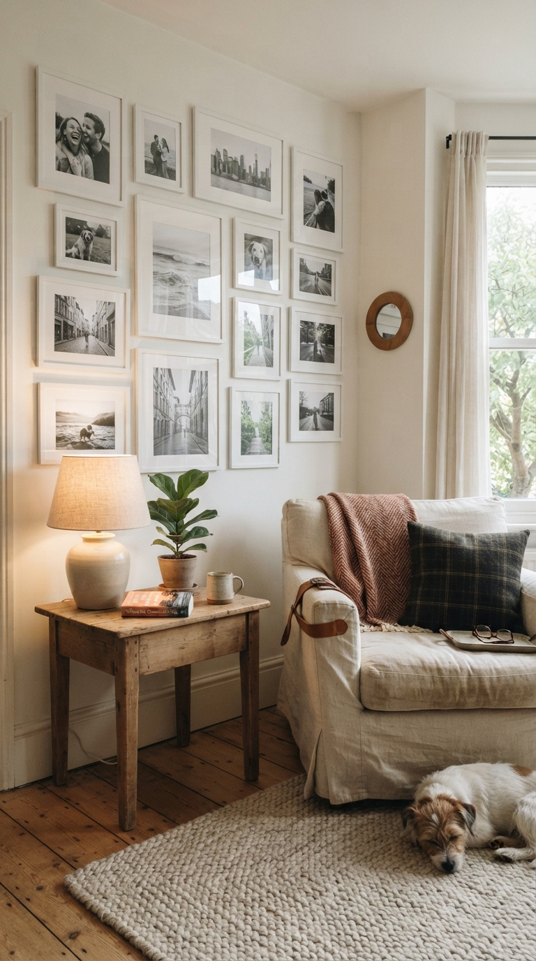 Black-and-white photo corner gallery wall in matching frames