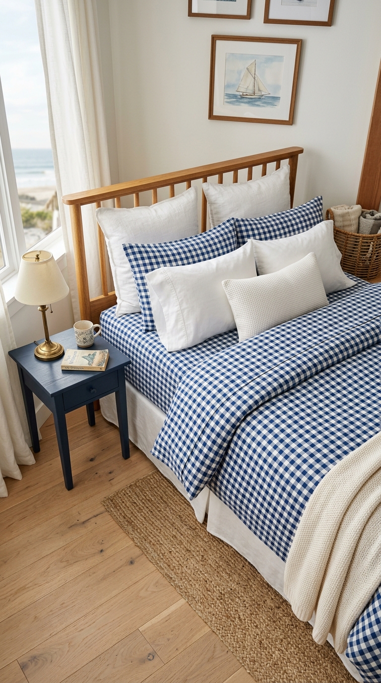 Blue gingham bedding in a cozy coastal bedroom