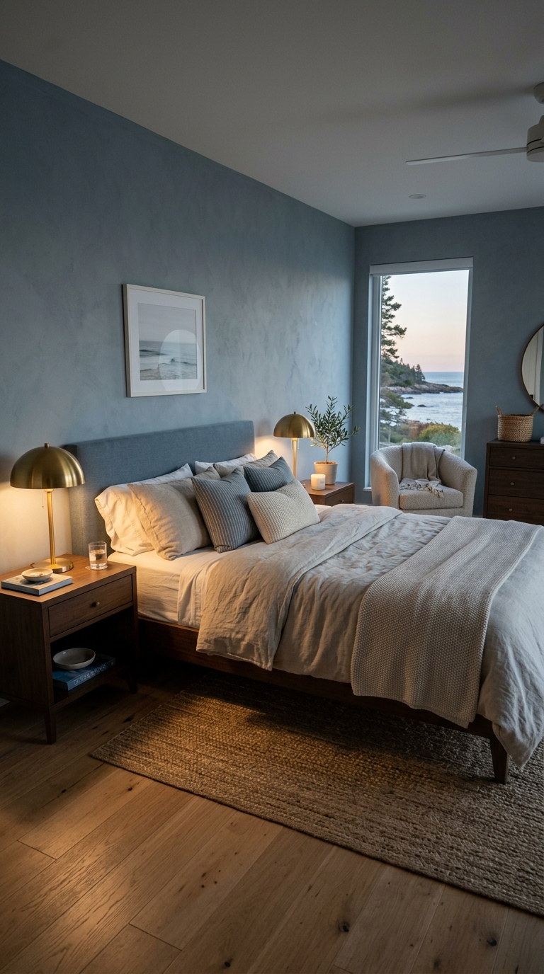 Modern blue-gray bedroom with oatmeal bedding and brass lamps