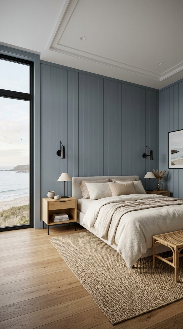 Blue-gray vertical paneling in a modern bedroom