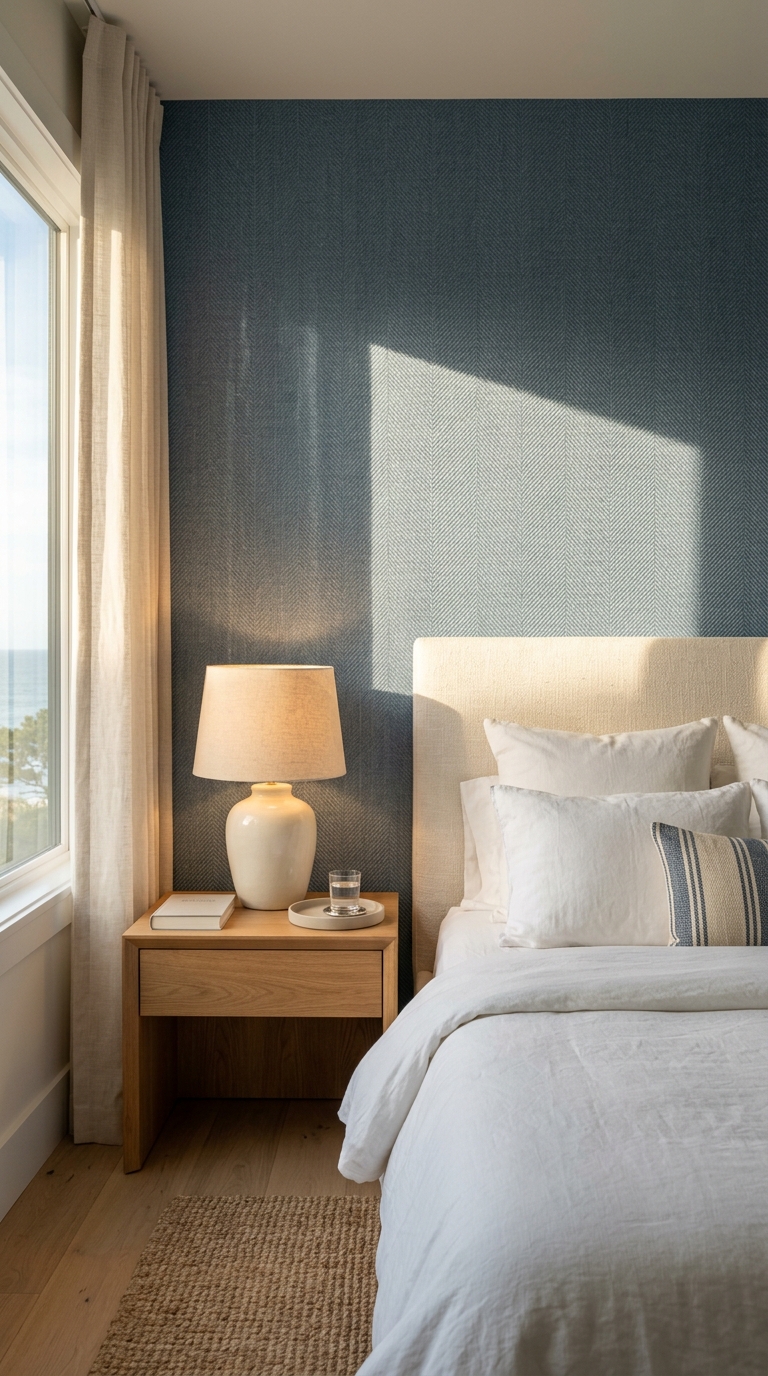 Blue textured wallpaper adding depth to a coastal bedroom