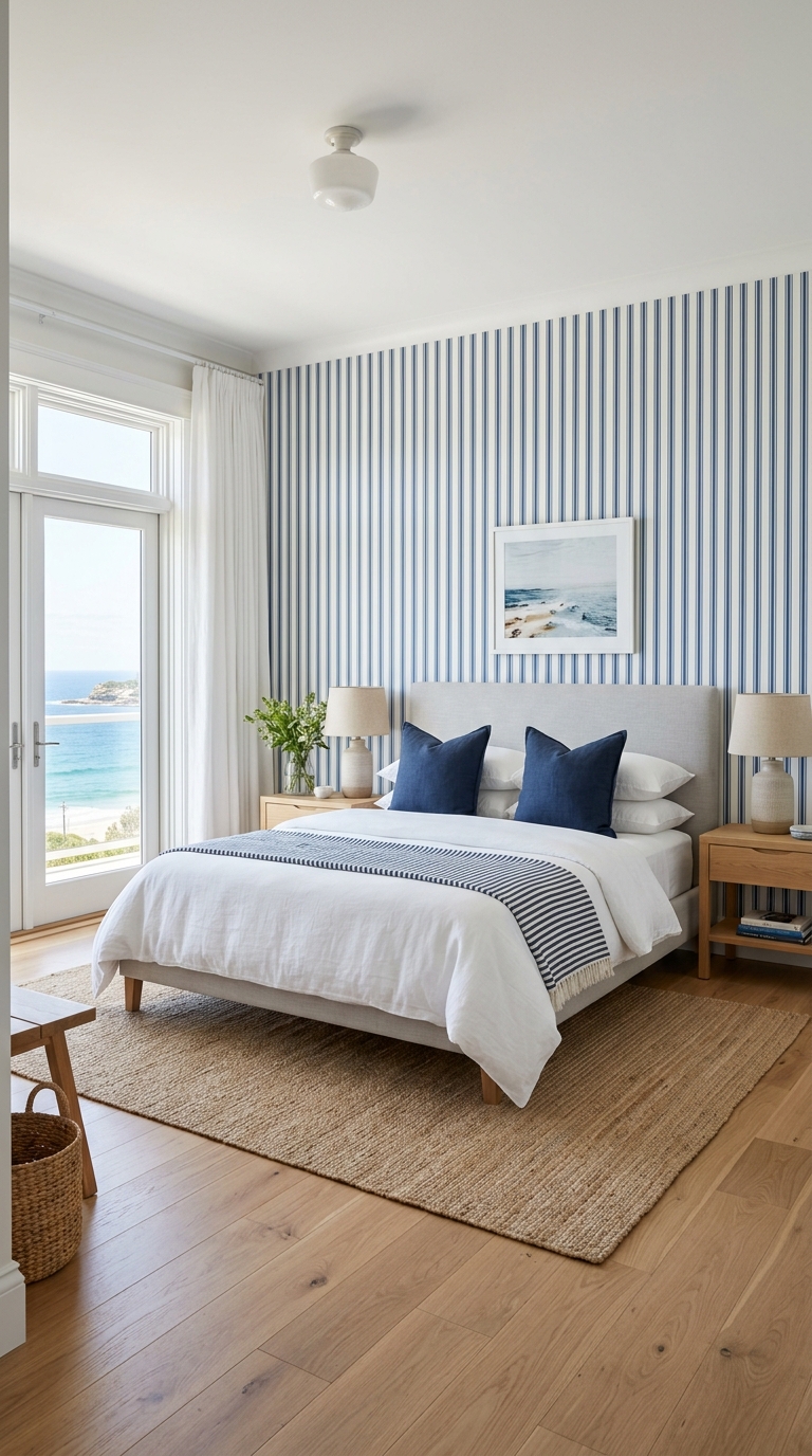 Blue and white striped accent wall behind a coastal bed