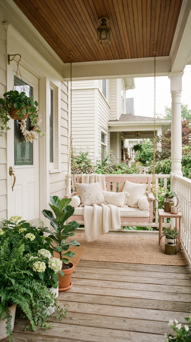 Blush pink porch swing color idea for a soft front porch
