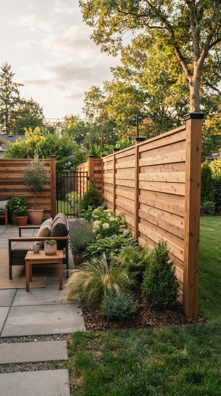 Board-on-board horizontal wood fence idea for full backyard privacy