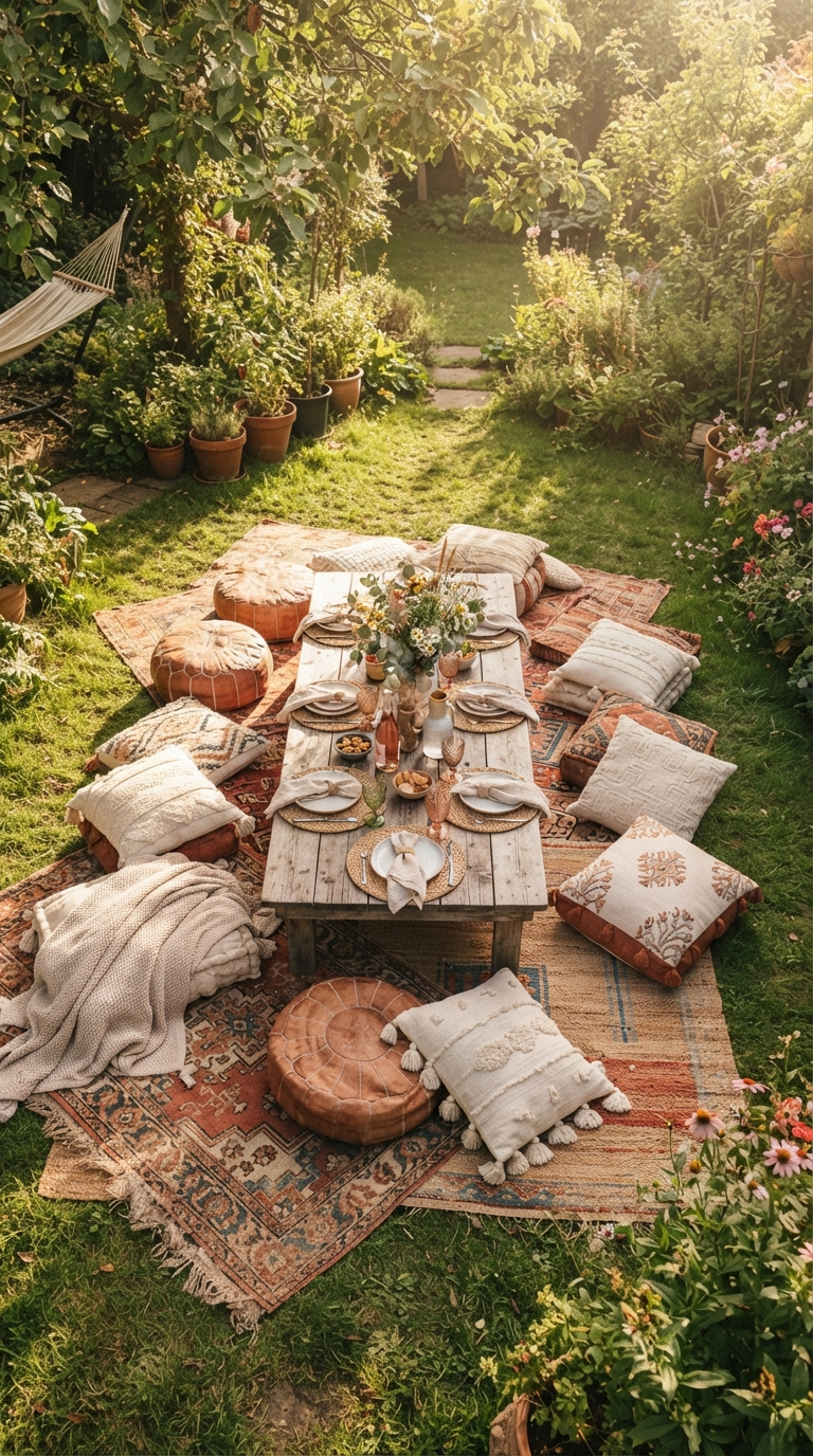 Layered boho rugs and floor cushions creating ground seating in a whimsical garden