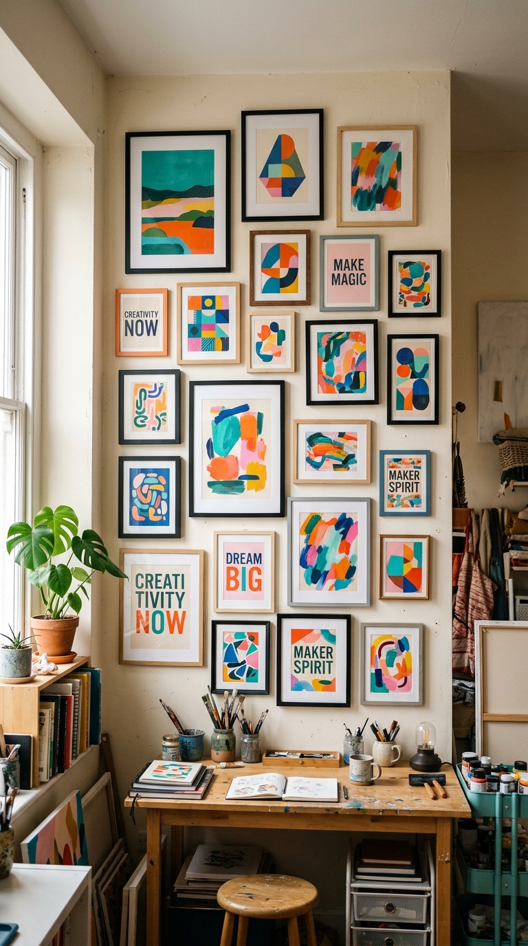 Bold, colorful gallery wall with bright abstract prints